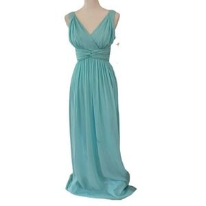 Donna Morgan Aqua Chiffon‎ Maxi Dress Formal Gown Sleeveless V-Neck Bridesmaid
